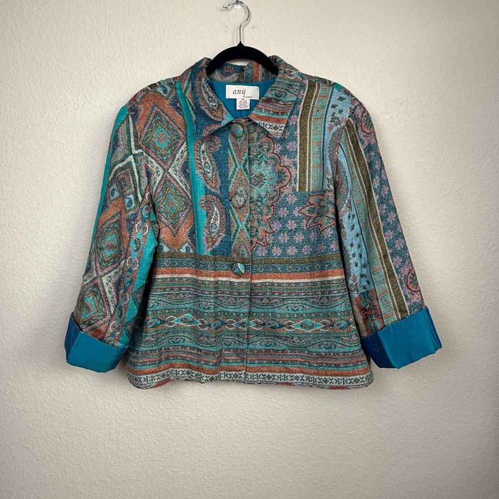 Anu Blazer Jacket Teal Tapestry Patchwork Textile Art to Wear Silk Blend Sz XL